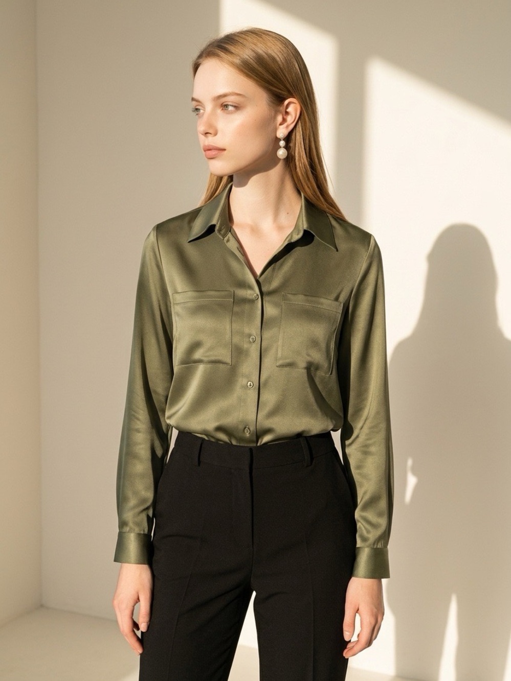 Equipment Femme Olive Button-down silk Shirt, Size S